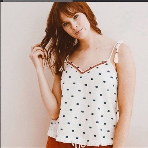 Aerie V Neck Raw Hem Tan Top Blue Stitching L Off White Red Rhinestone Boho - Picture 11 of 11